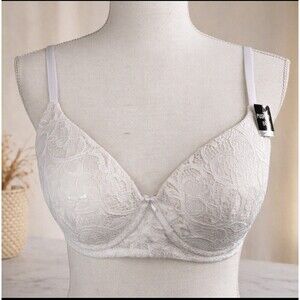 New Kathy Ireland White Lace Feminine Coquette Underwire Push Up Bra 38C